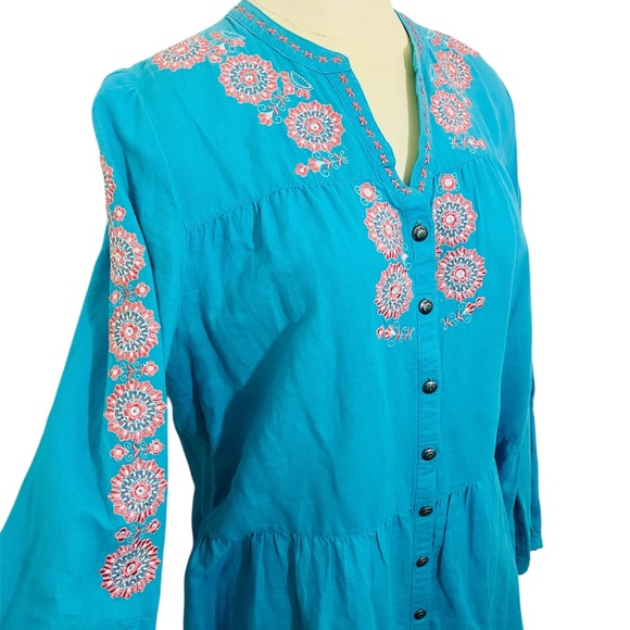 Tasha Polizzi Turquoise Long Sleeve Embroidered Linen Top Size Small - Picture 2 of 7